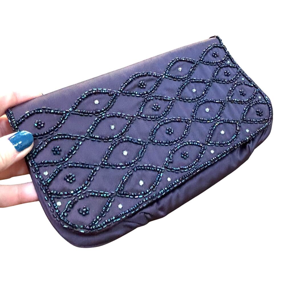 Vintage Magid USA evening bag clutch purse purple satin beaded envelope style